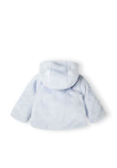Back view of a light blue baby jacket with 3D bear ears and a fixed hood.