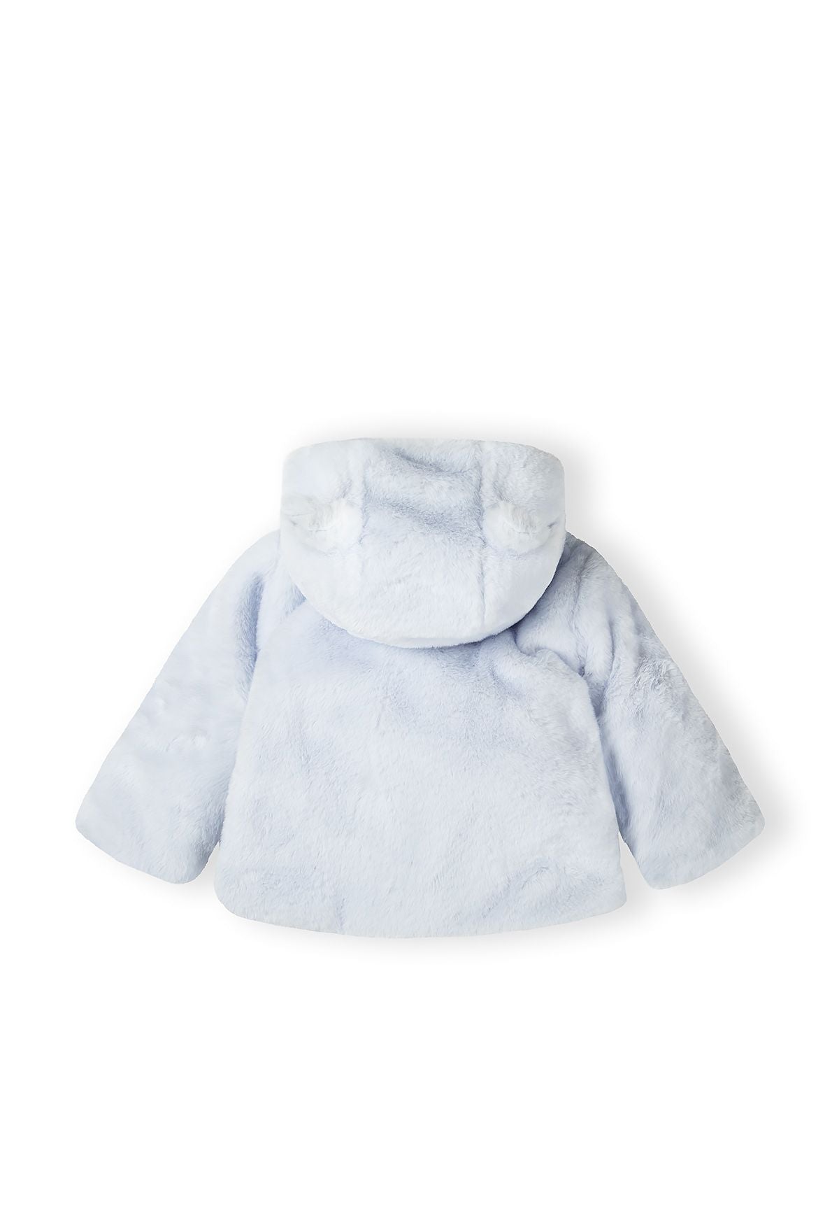 Back of a light blue fluffy hooded jacket.