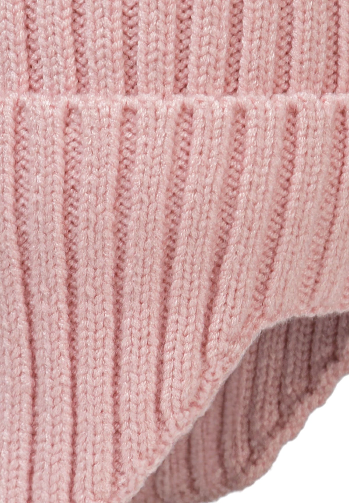 Cream and pink bobble hat with ear flaps, pink ear flap detail.