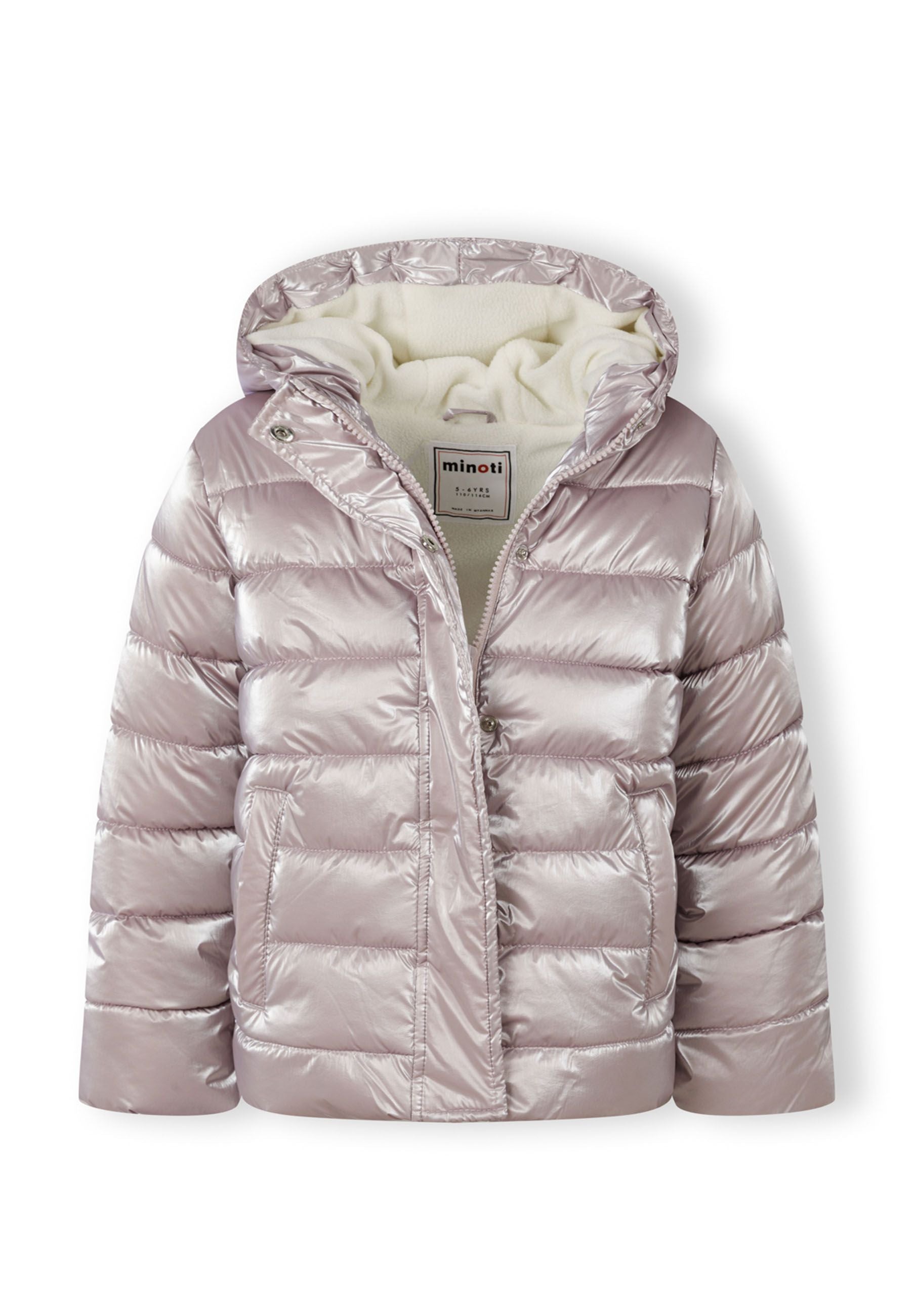 Girls padded winter jacket in lilac, front view with hood, zipper, and snap closure.