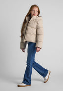 Beżowa krótka pikowana kurtka z kapturem i stójką