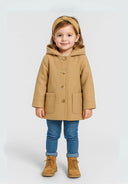 Girls beige short winter coat with hood and buttons, front view, featuring two pockets.