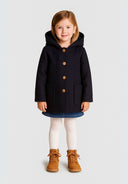 Girls classic short winter coat, navy, front view, features hood and button closure.