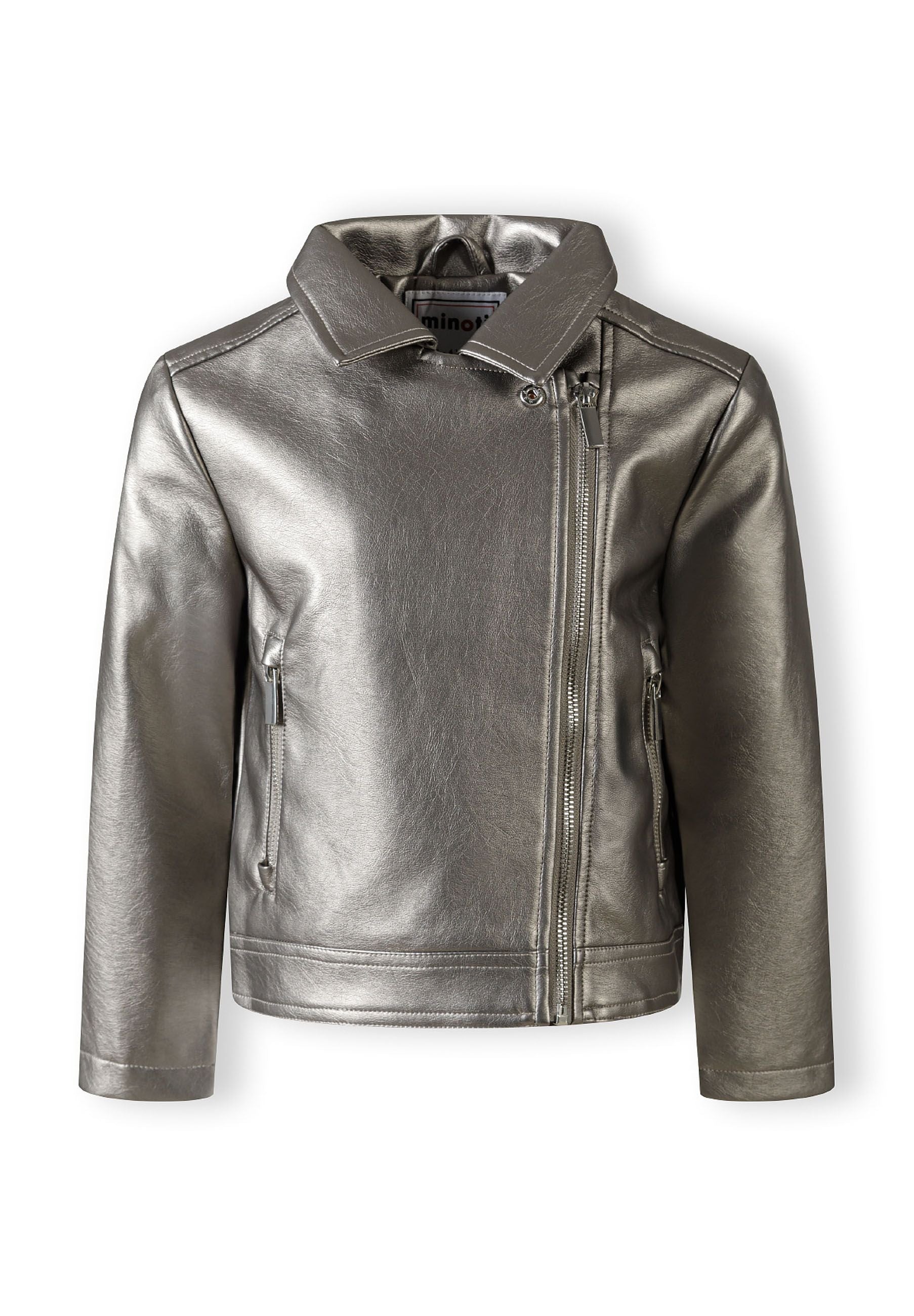 Girls biker style jacket in silver, front view with zipped pockets.