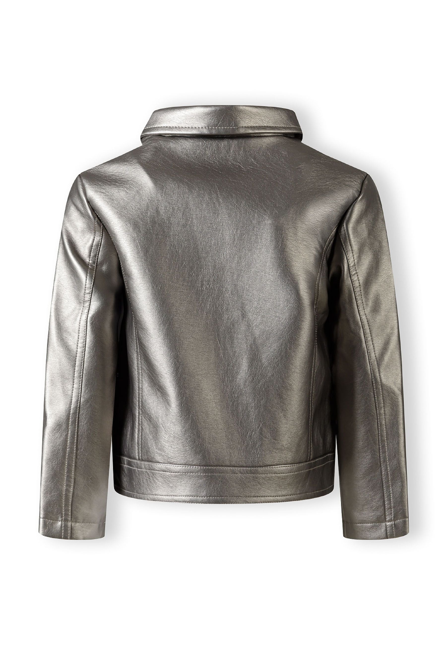 Back view of a girls biker style jacket in silver with a classic lapel collar.