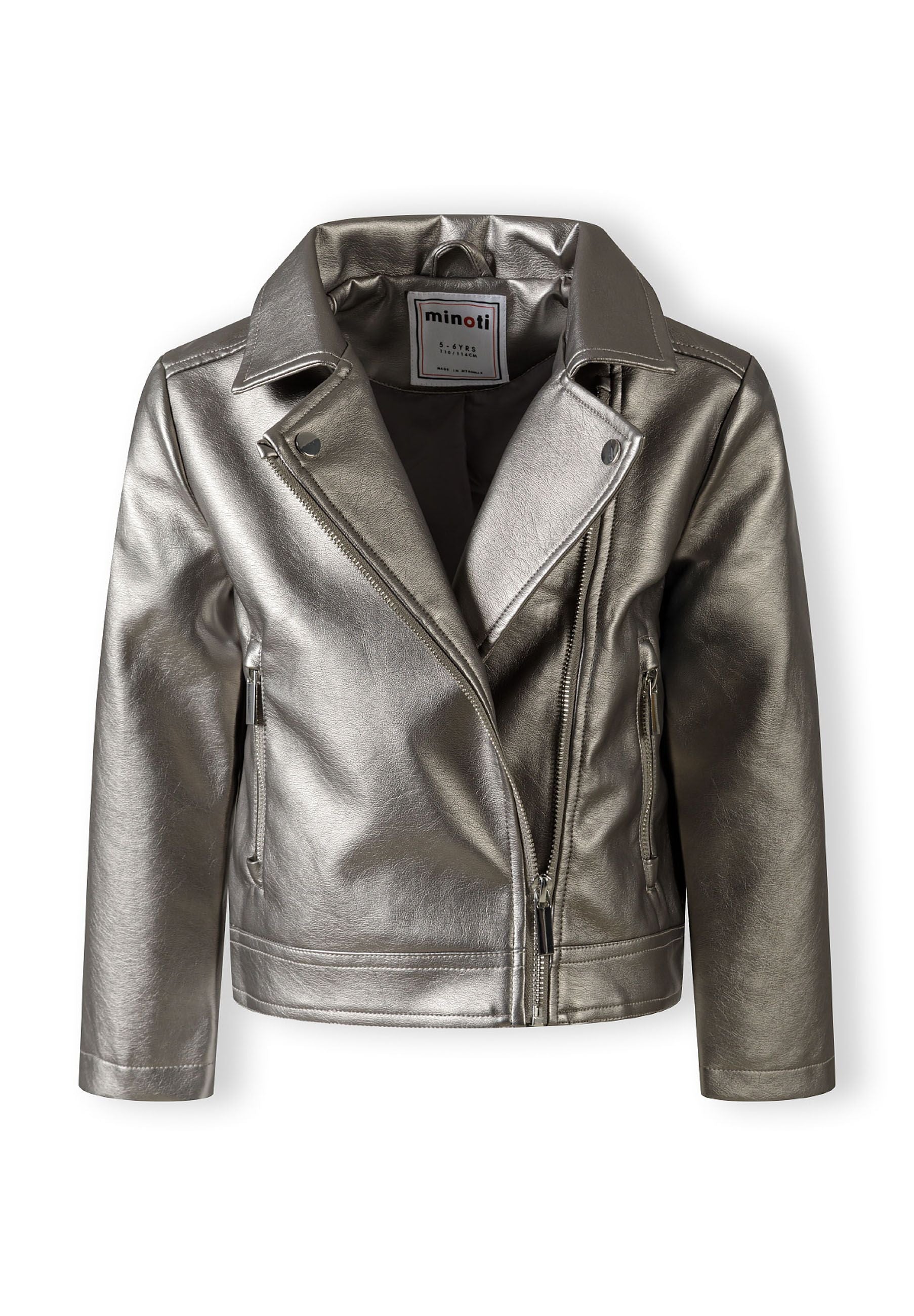 Girls biker style jacket in silver with zipped pockets, front view.