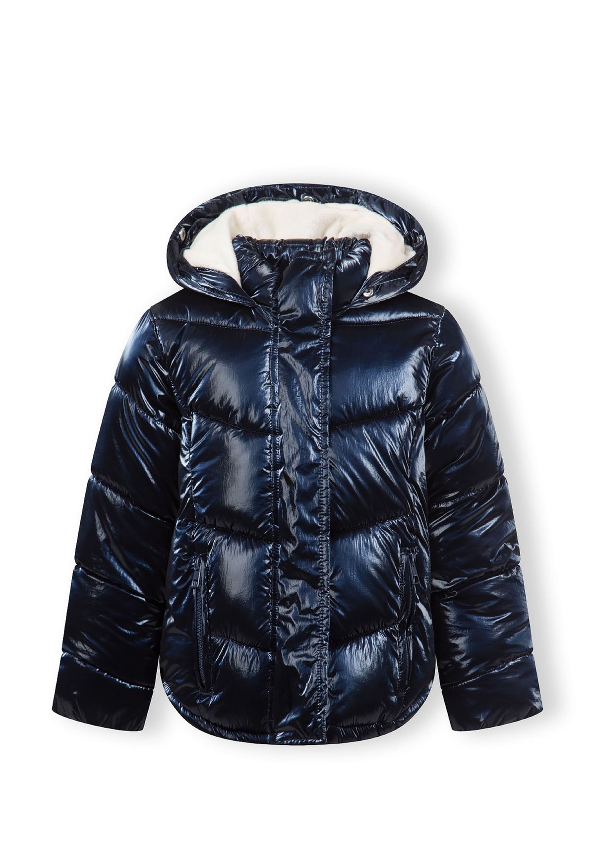 Front of the shiny navy puffer jacket with its fur-look hood trim removed and cream lining visible.
