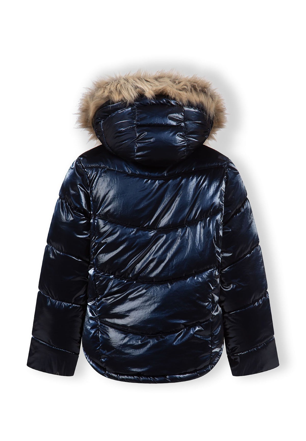 Back view of a glossy navy hooded puffer jacket with beige fur-look trim and broad padded bands.