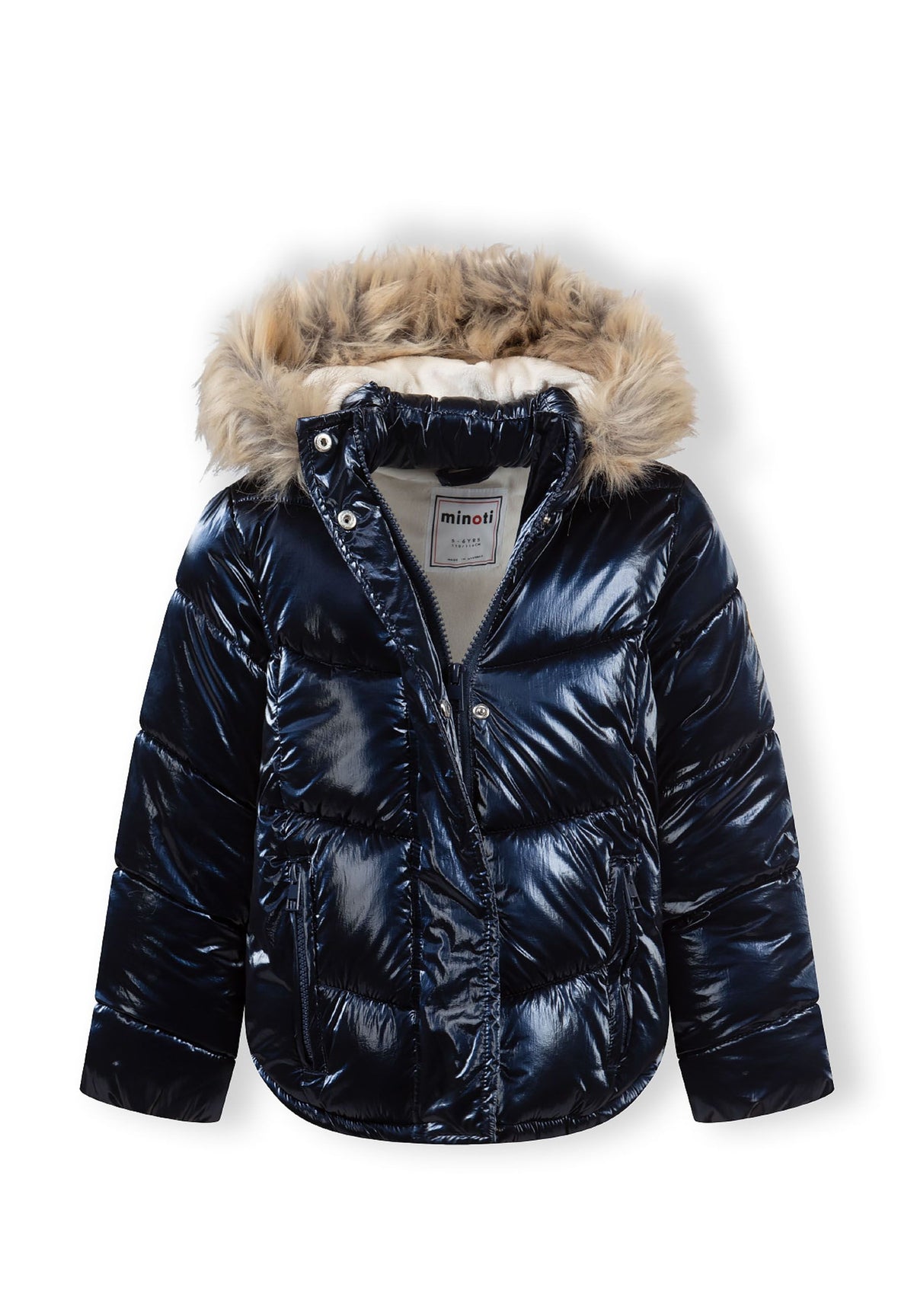 Navy puffer jacket partly opened at the neck, showing cream lining, a zip and front snaps.