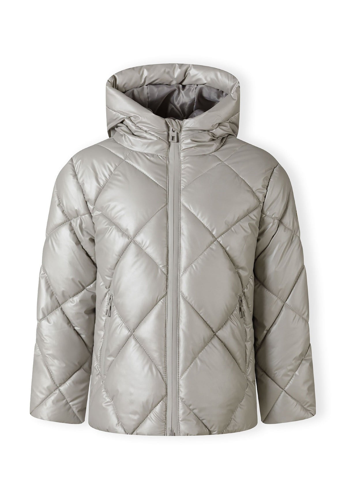 Front view of a silver hooded puffer jacket with diamond quilting and two zipped pockets.
