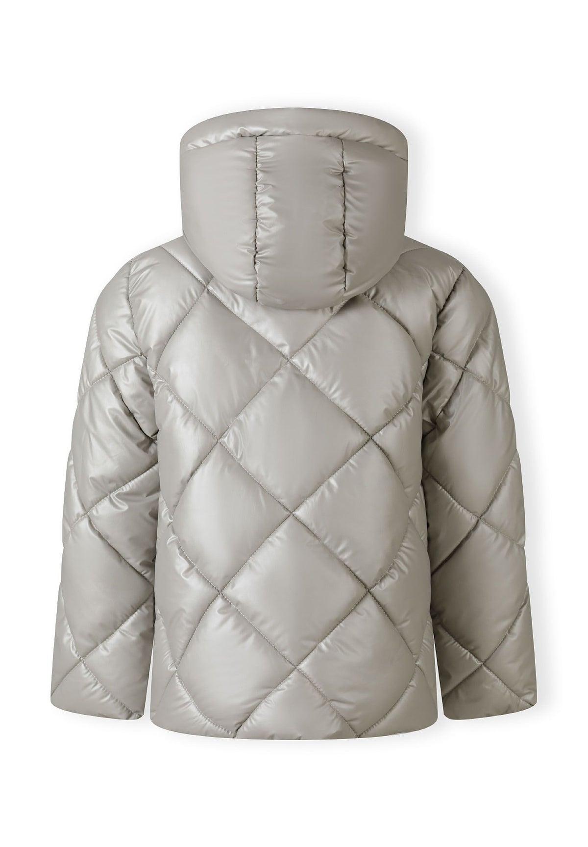 Back view of a silver hooded puffer jacket with large diamond quilted panels.