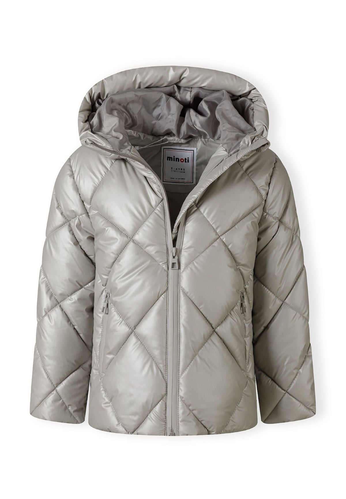 Silver diamond-quilted puffer jacket partly unzipped to show the hood lining.