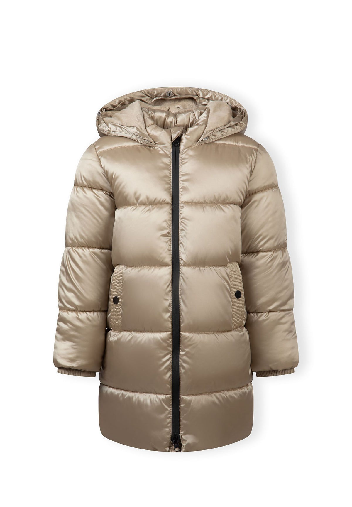 Front of the gold quilted parka with beige hood trim removed, revealing a plain lined hood.