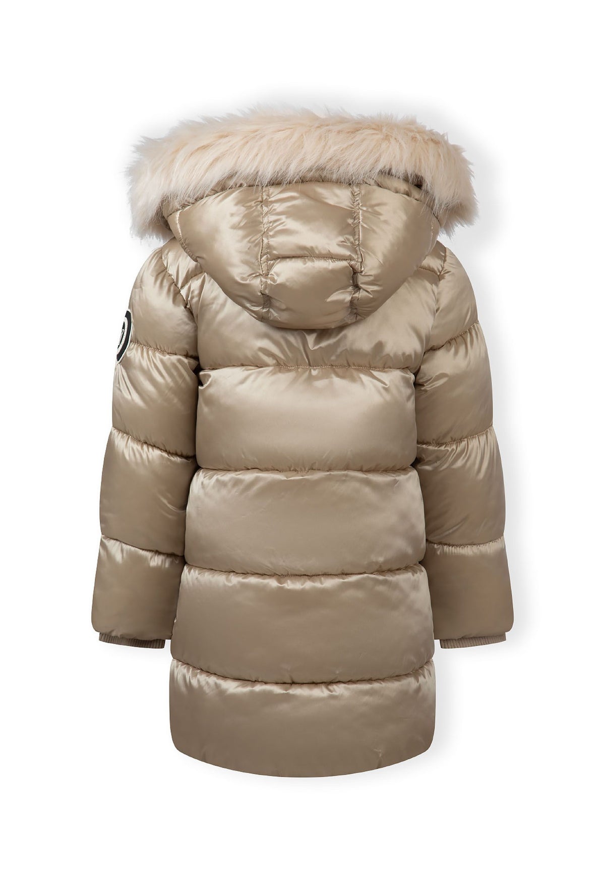 Back view of a long gold puffer coat with broad quilted bands and a fur-look trimmed hood.