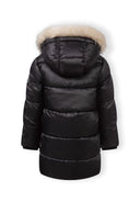 Długa pikowana kurtka z futerkiem i naszywką