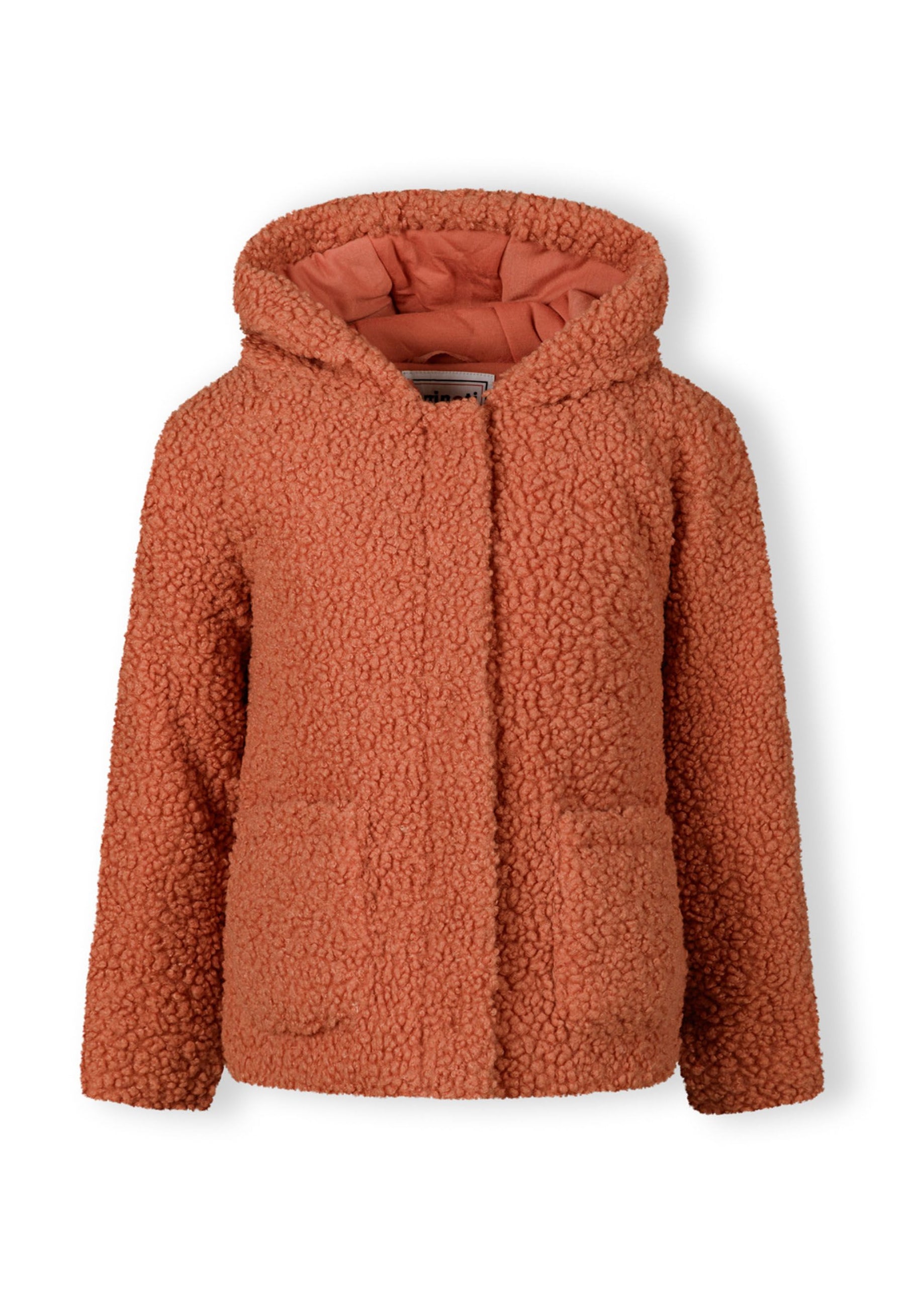 Girls teddy fleece jacket in soft pink with hood, front view, featuring two patch pockets.