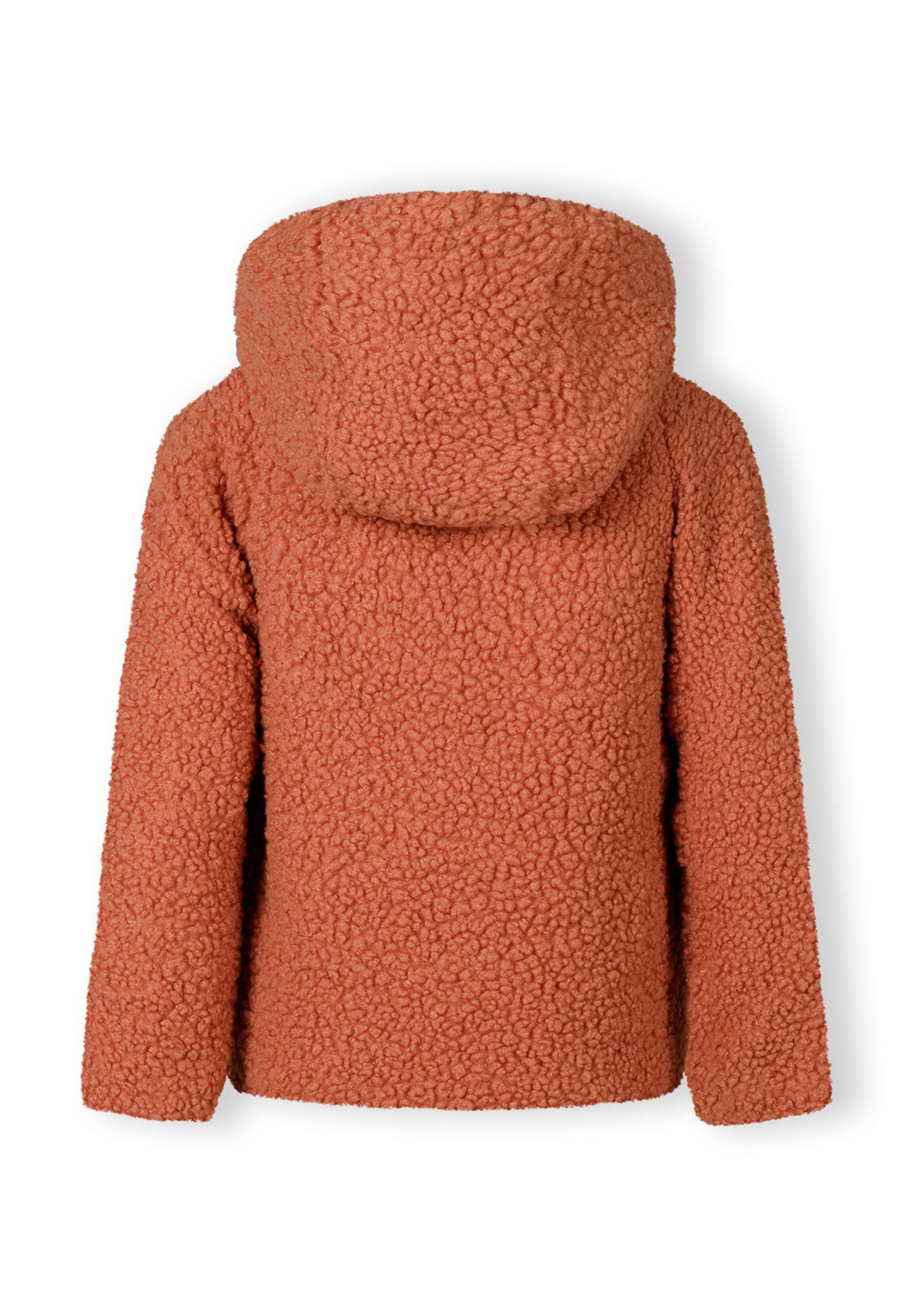 Back view of a girls teddy fleece jacket in soft pink with a hood and textured surface.