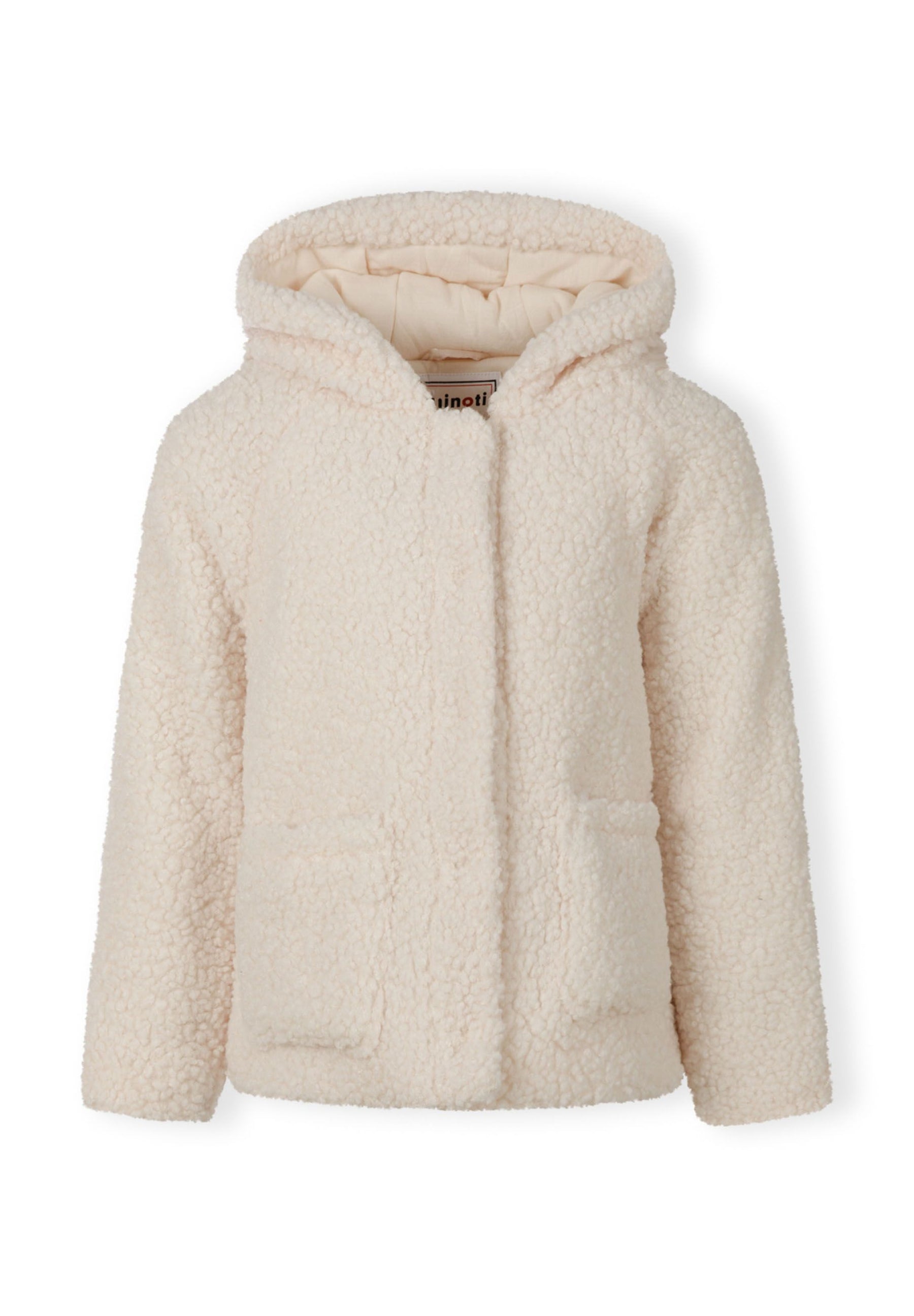 Girls teddy fleece jacket in cream, front view with hood and two patch pockets.