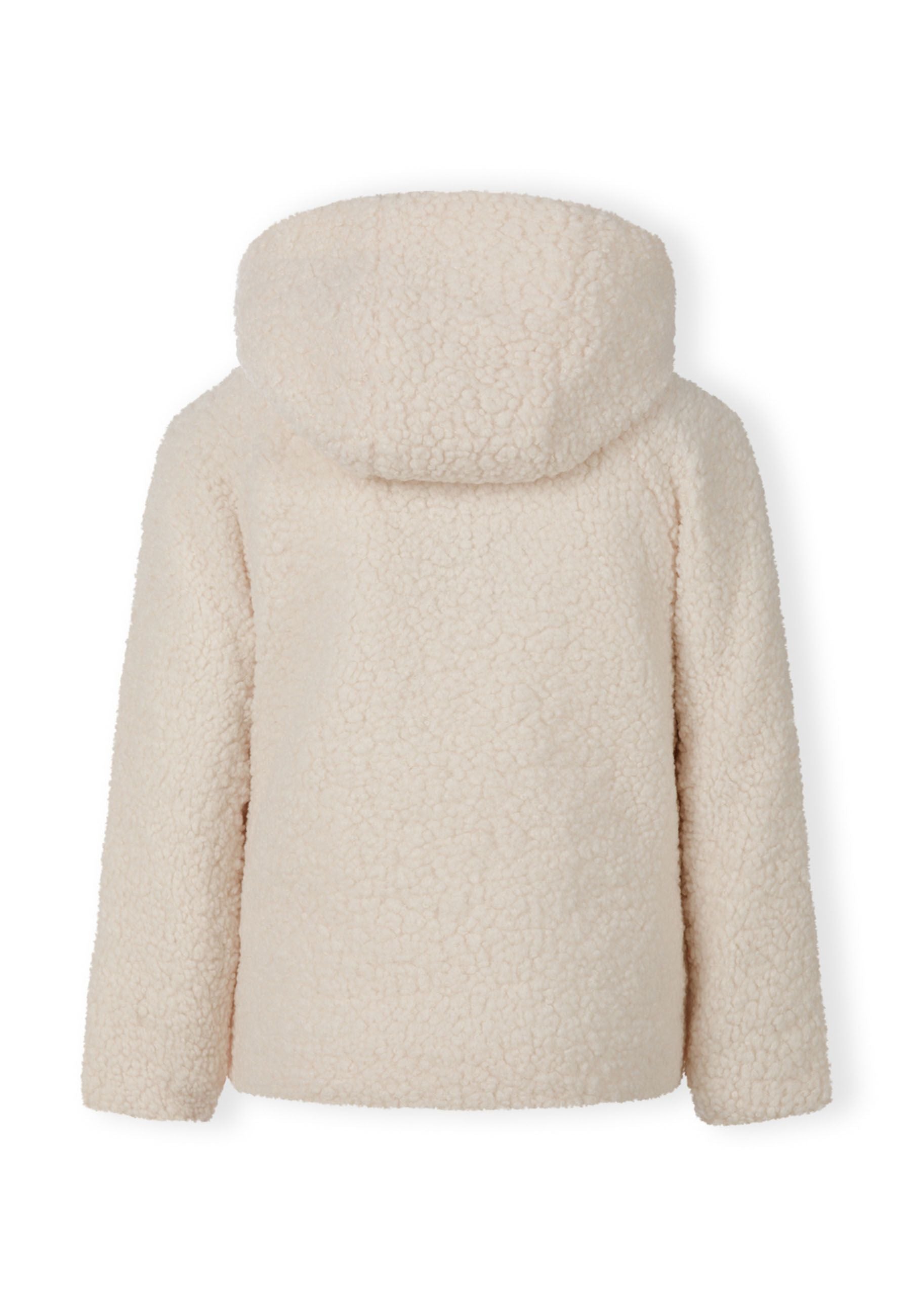 Back view of a girls' cream teddy fleece jacket with hood.