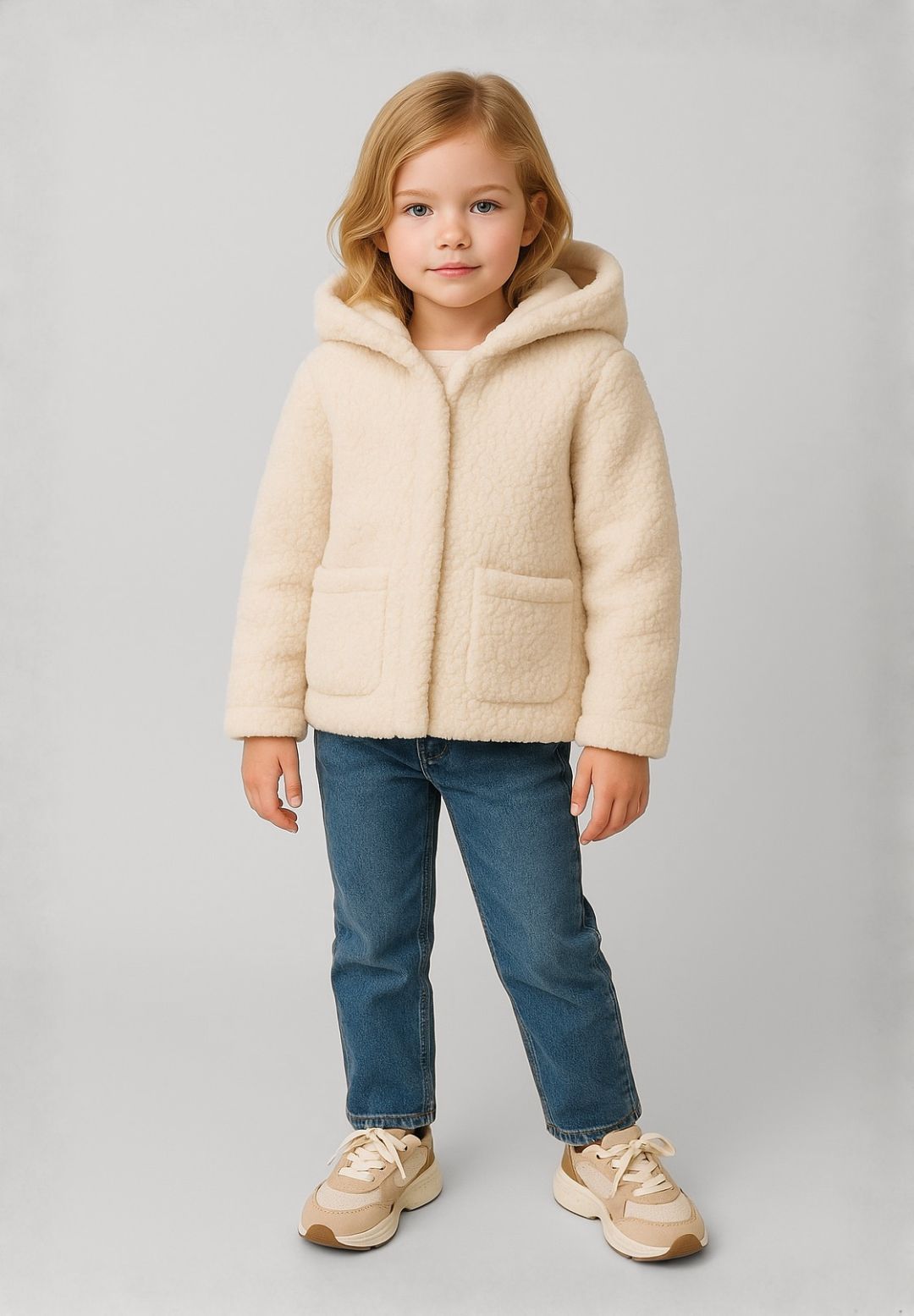 Girls cream teddy fleece jacket with hood, front view, features two large pockets.