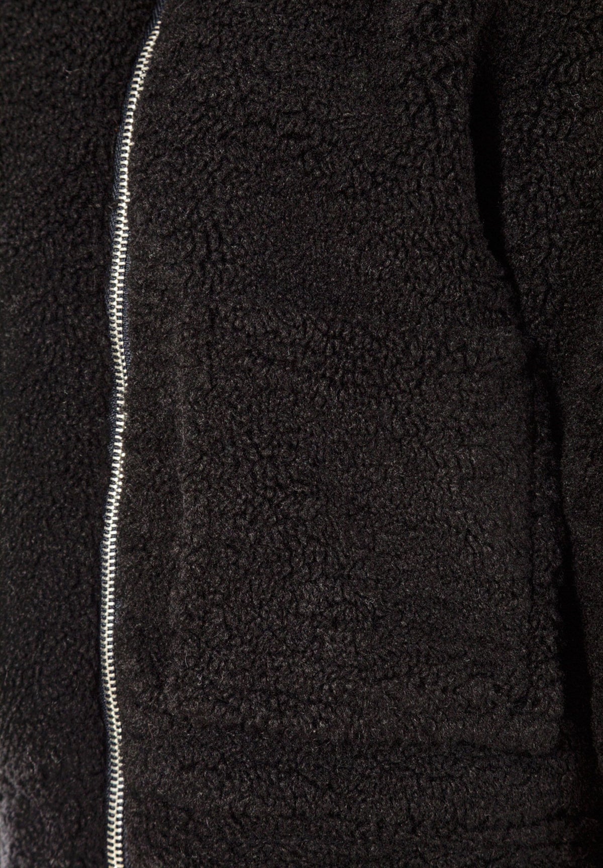 Close-up of the pocket and zip on the black teddy jacket.