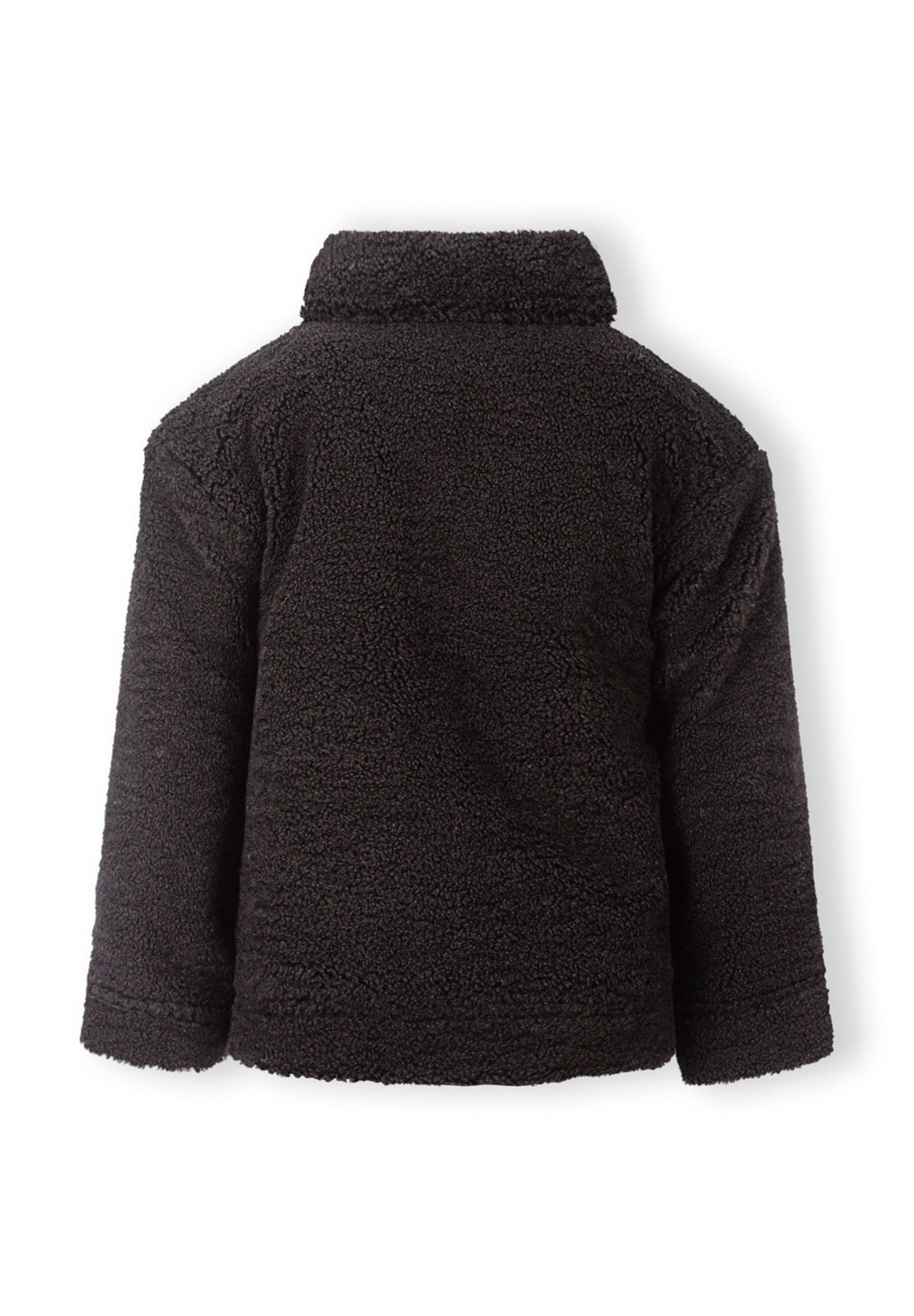 Back view of a black teddy borg transitional jacket with a collar.