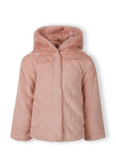 Girls pink faux fur jacket with hood and hidden snaps