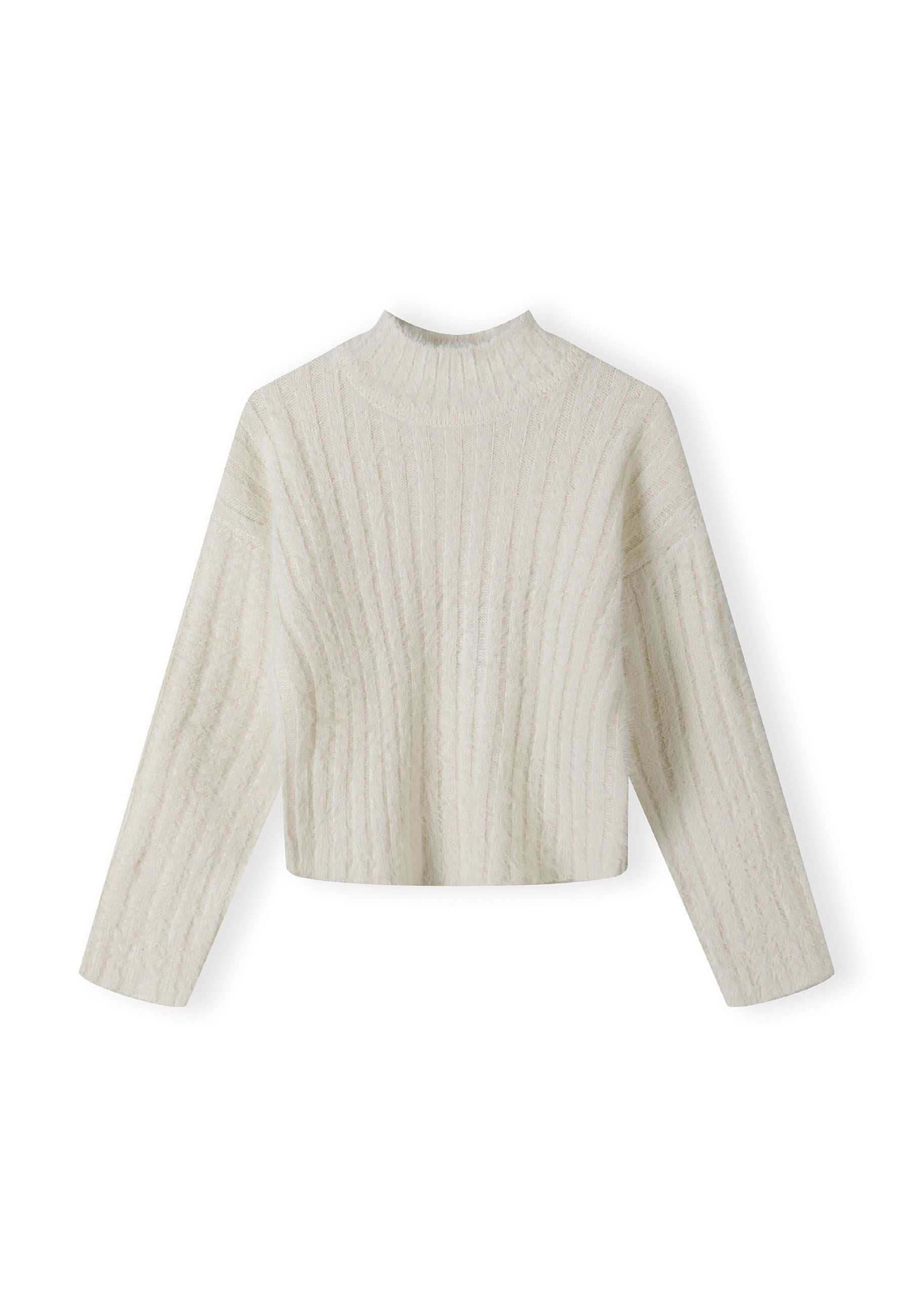 Girls cream jumper with high neck, ribbed texture, front view.