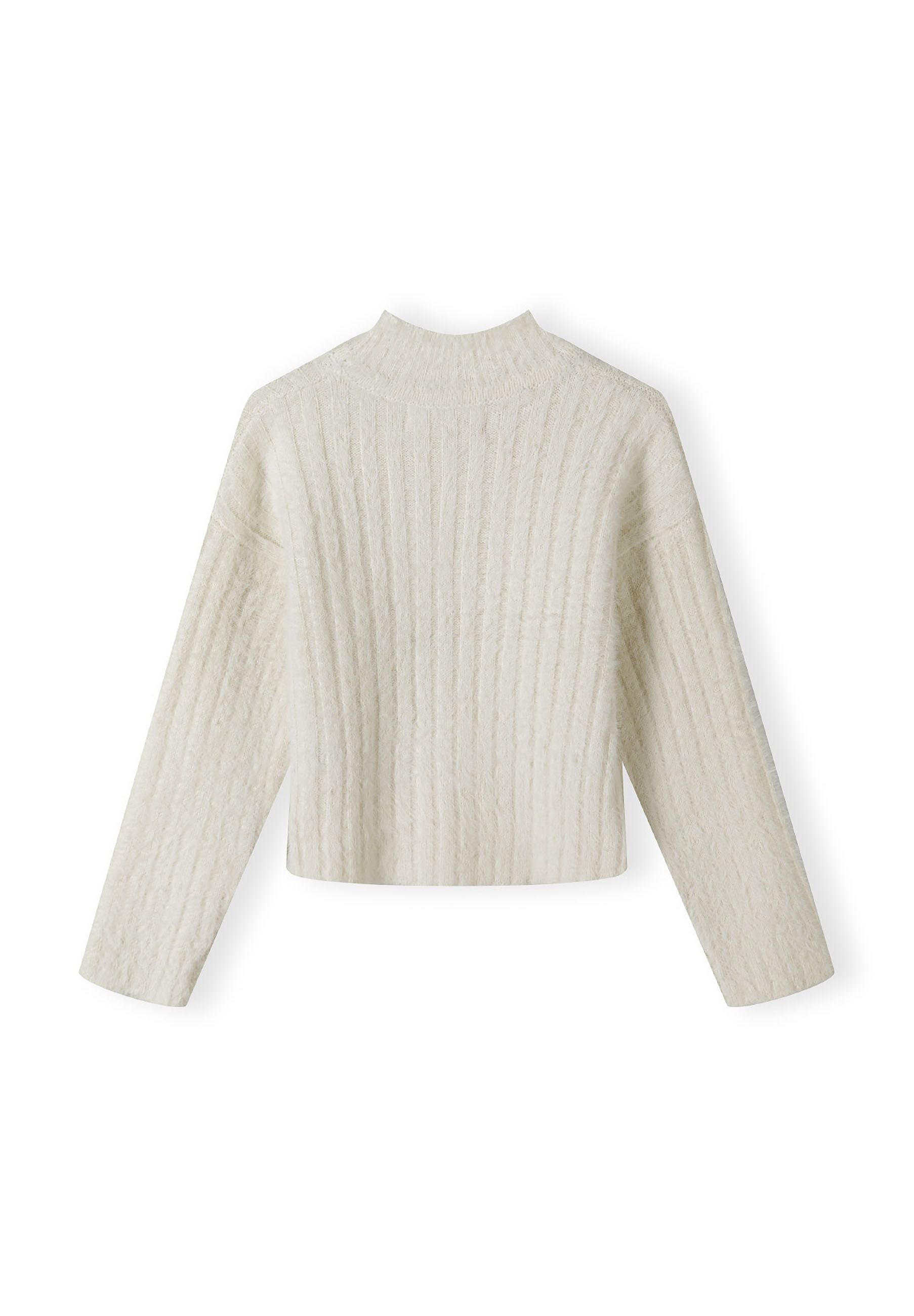 Girls high neck jumper in cream, back view, featuring ribbed texture and long sleeves.
