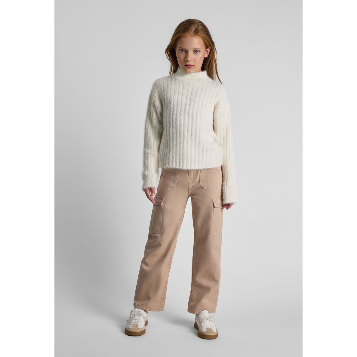 Girls' fluffy ribbed jumper in cream — complete product view for square Shop card