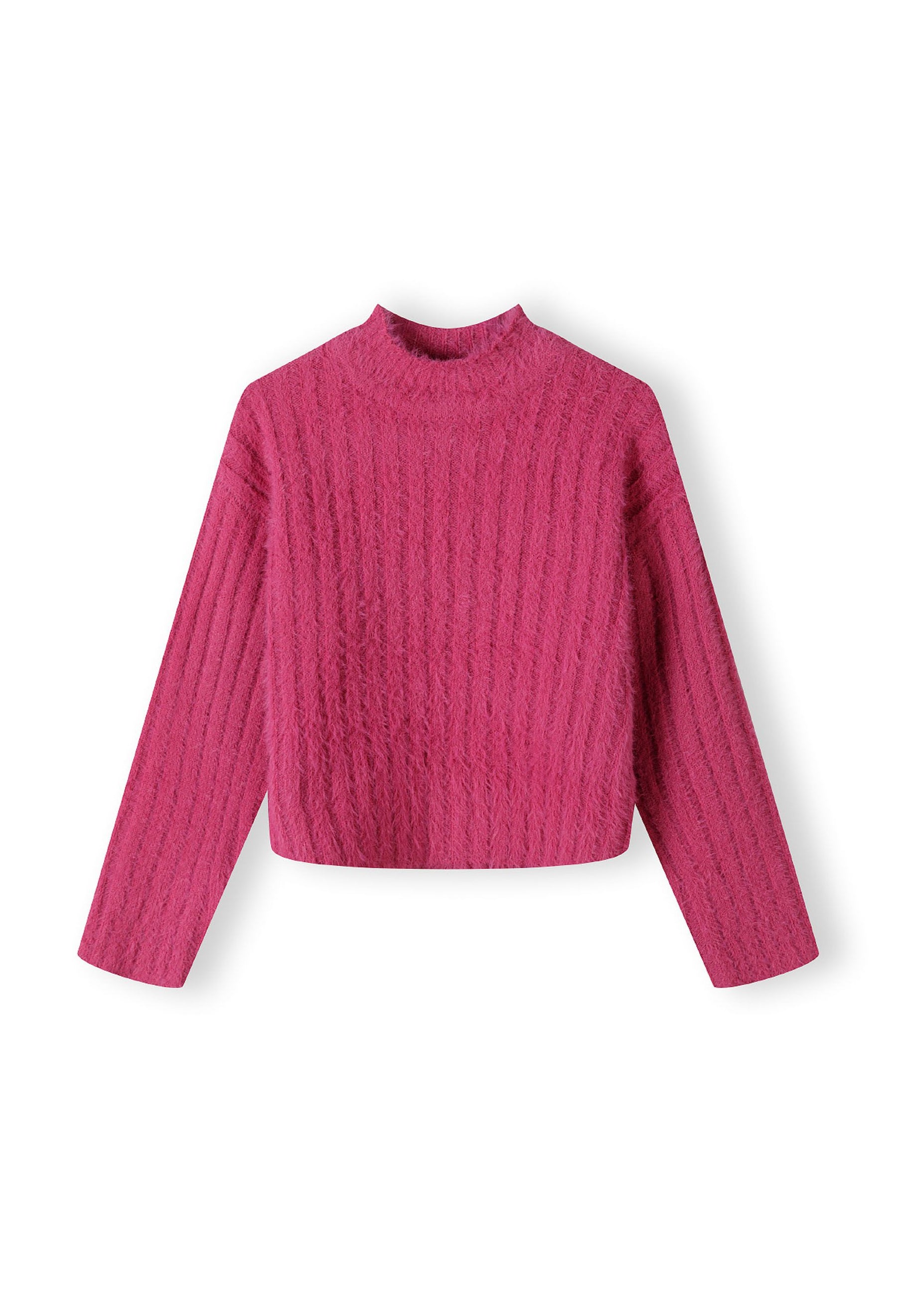 Girls high neck jumper with long sleeves in solid pink, featuring ribbed cuffs and hem.
