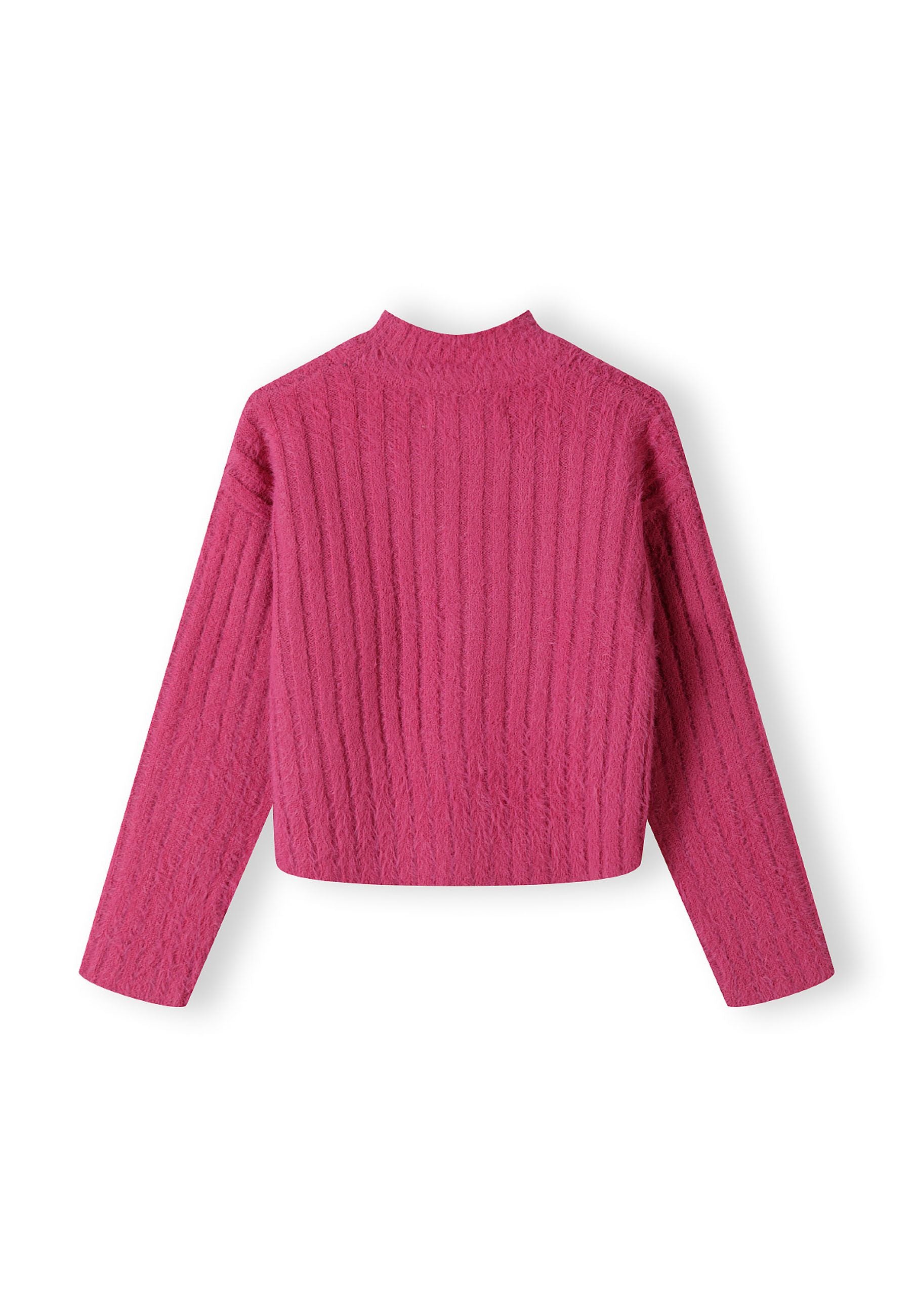 Girls high neck jumper with long sleeves in solid pink, back view, featuring ribbed texture.