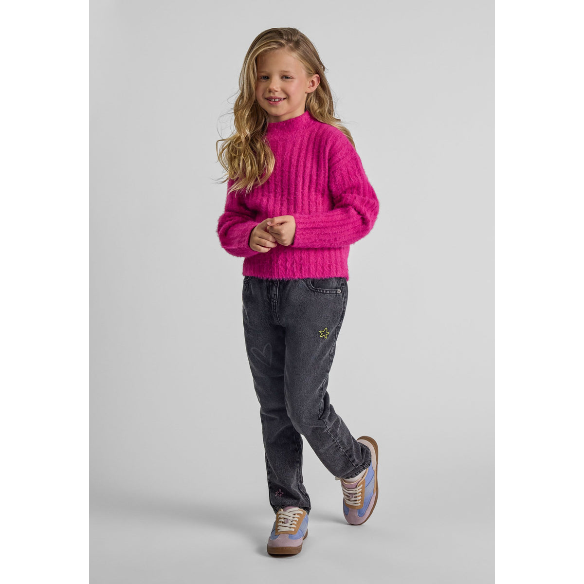 Girls' fluffy ribbed jumper in bright pink — complete product view for square Shop card