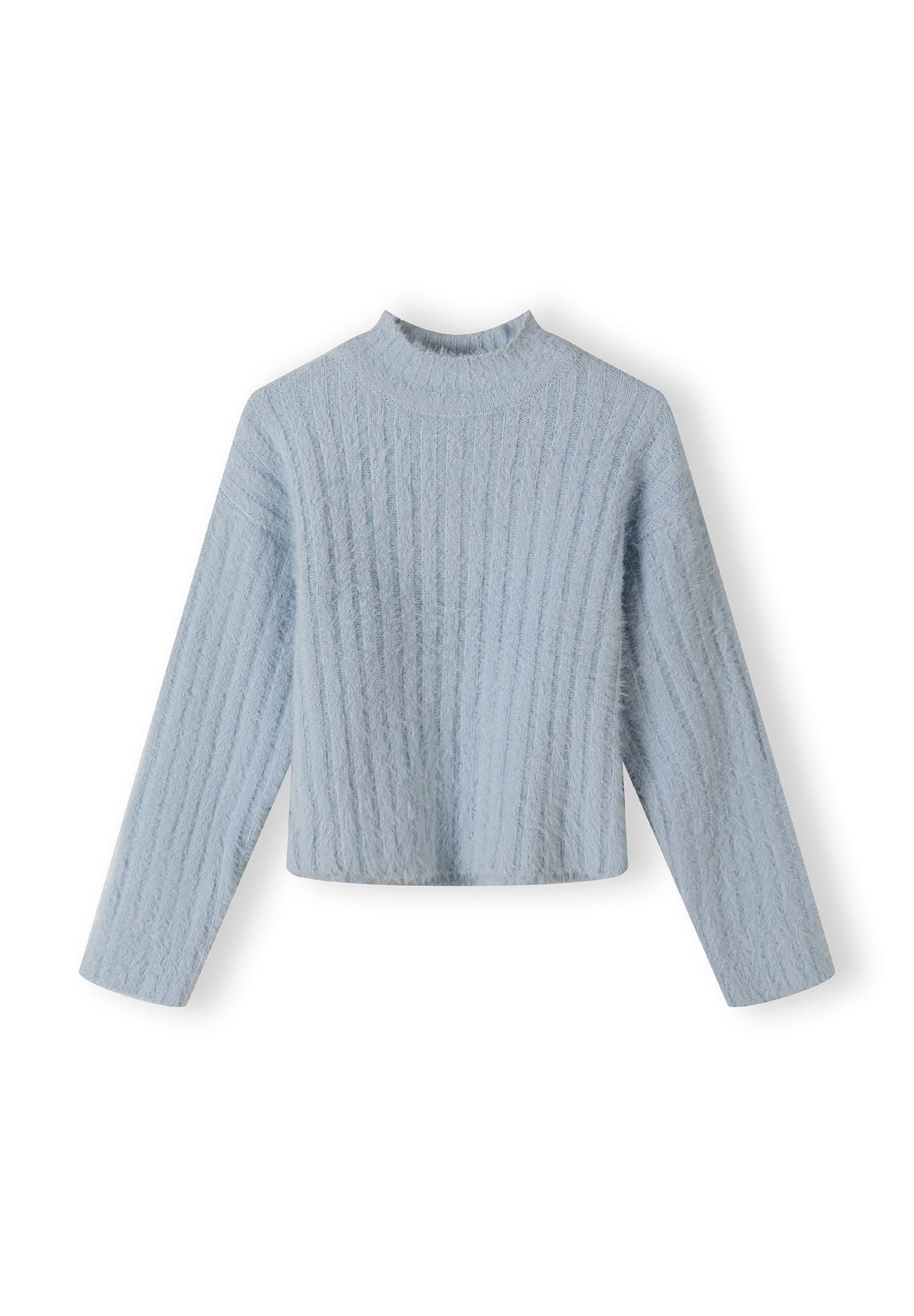 Girls high neck jumper in soft fluffy blue, front view with ribbed cuffs.
