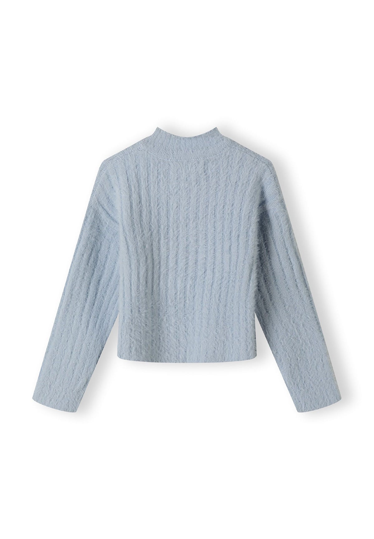 Light blue fluffy ribbed jumper, back.