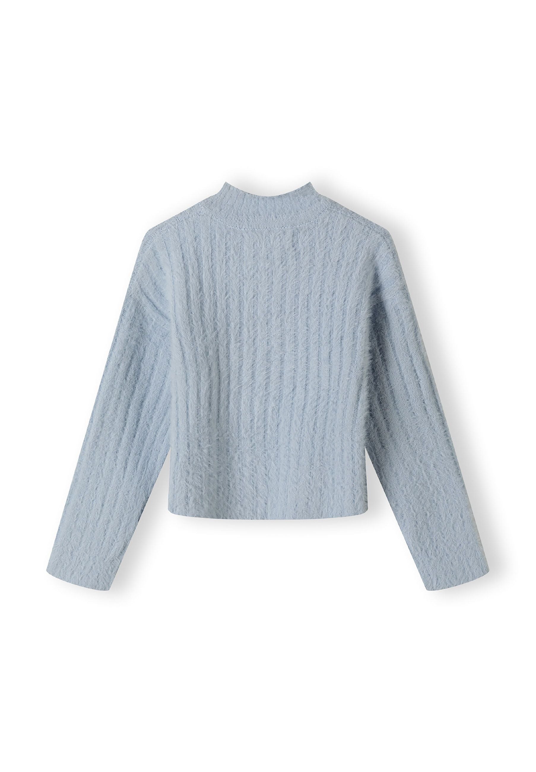 Girls high neck jumper in soft fluffy blue, back view with ribbed cuffs.