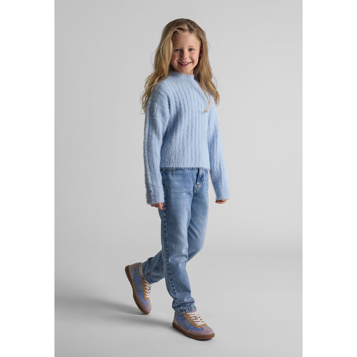Girls' fluffy ribbed jumper in light blue — complete product view for square Shop card