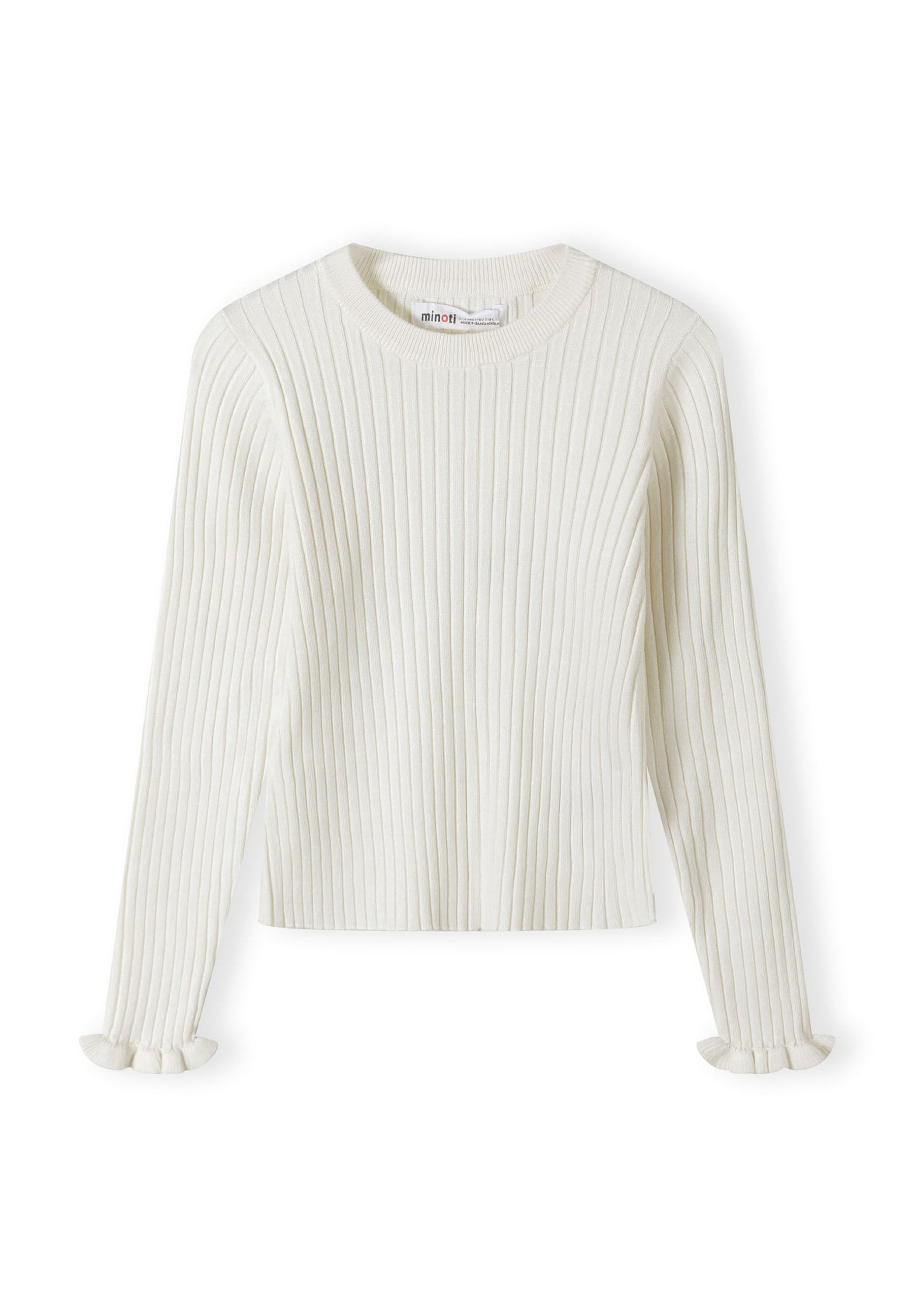 Girls long sleeve ribbed jumper with frill cuffs, white, front view.