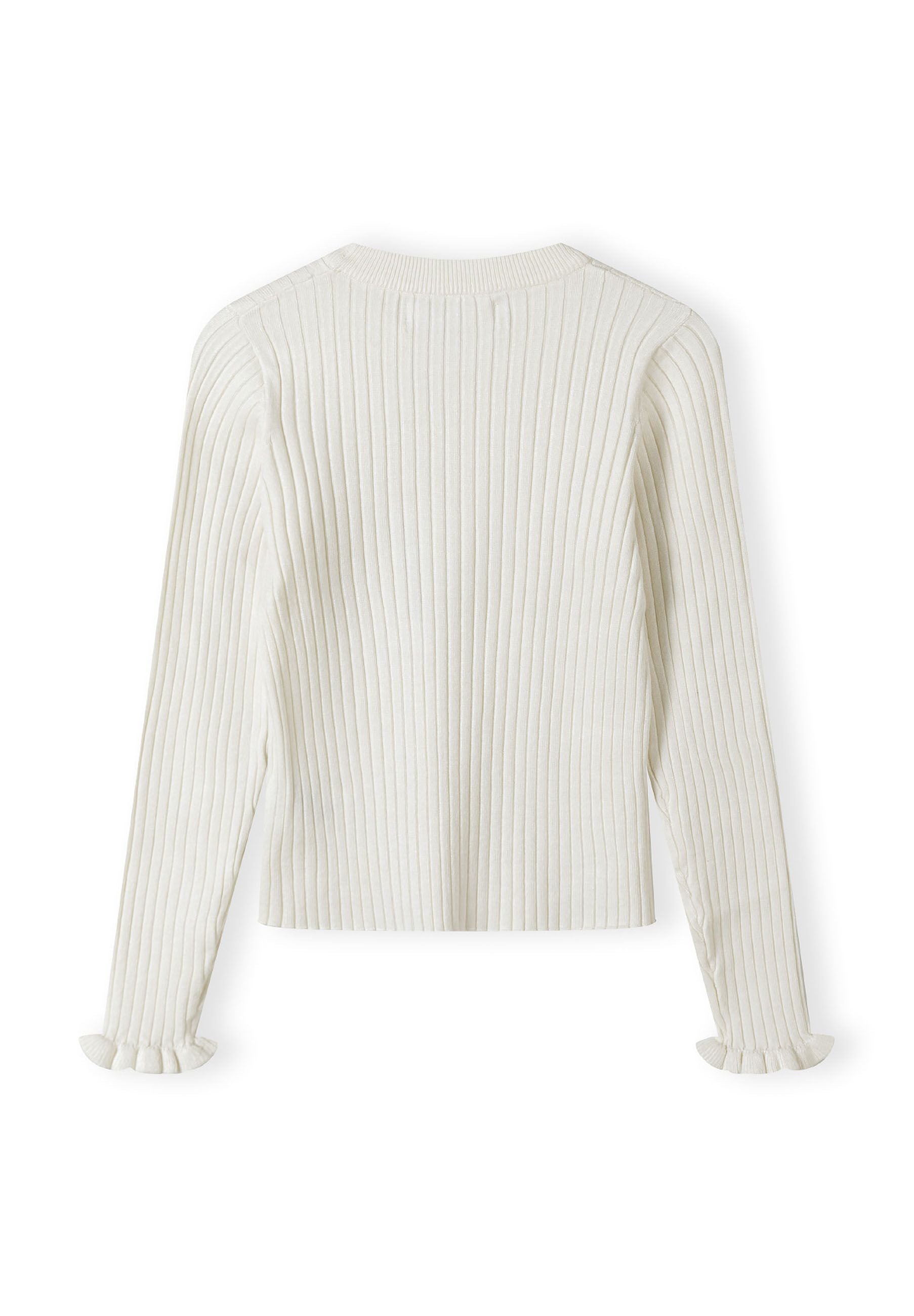 Girls ribbed long sleeve jumper, back view, features frill cuffs.