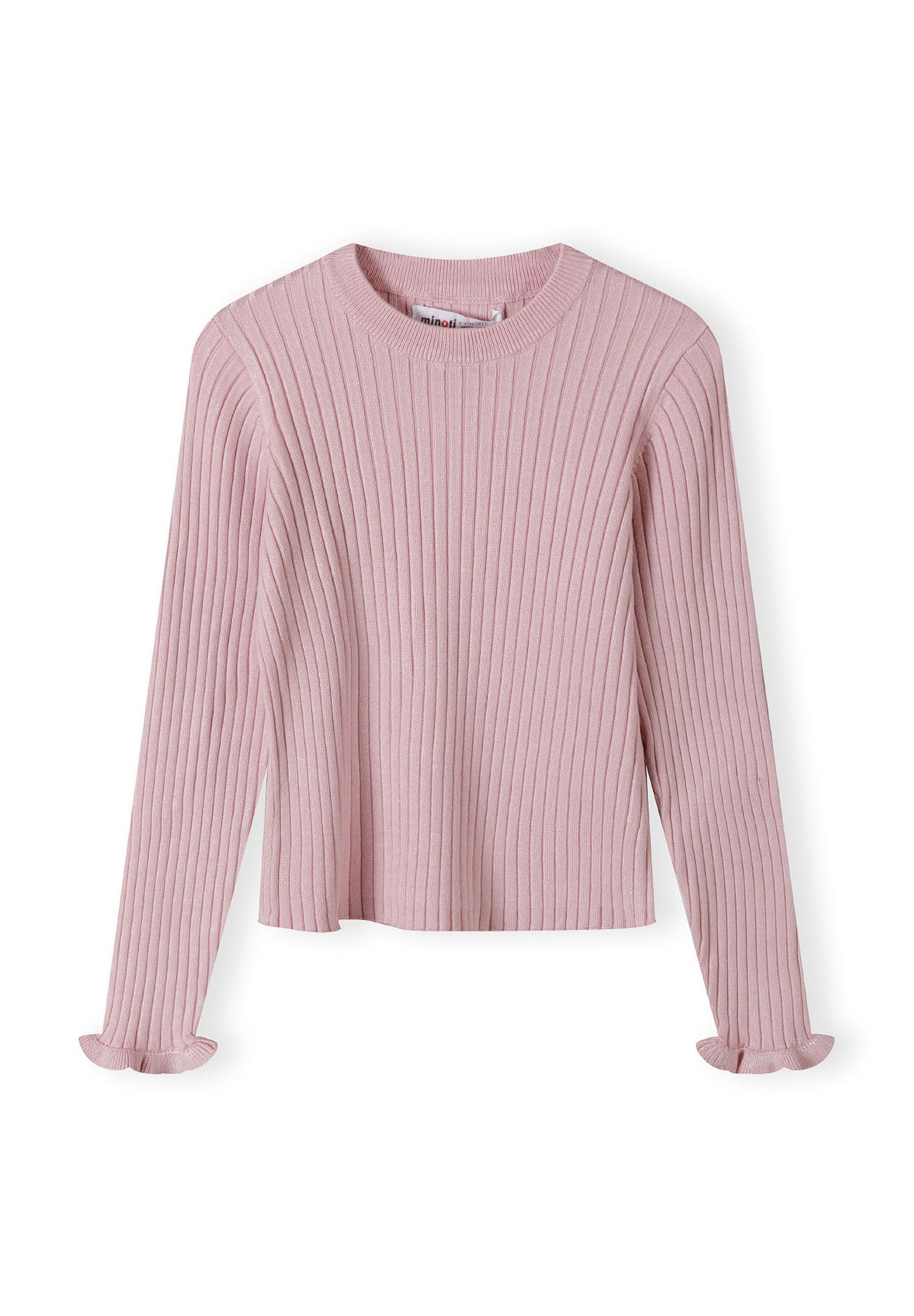 Girls ribbed long sleeve jumper in light pink with frilled cuffs, front view.