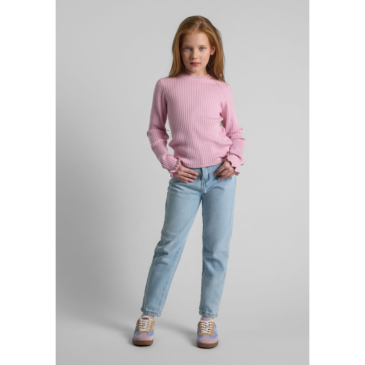 Girls' ribbed jumper in pink — complete product view for square Shop card