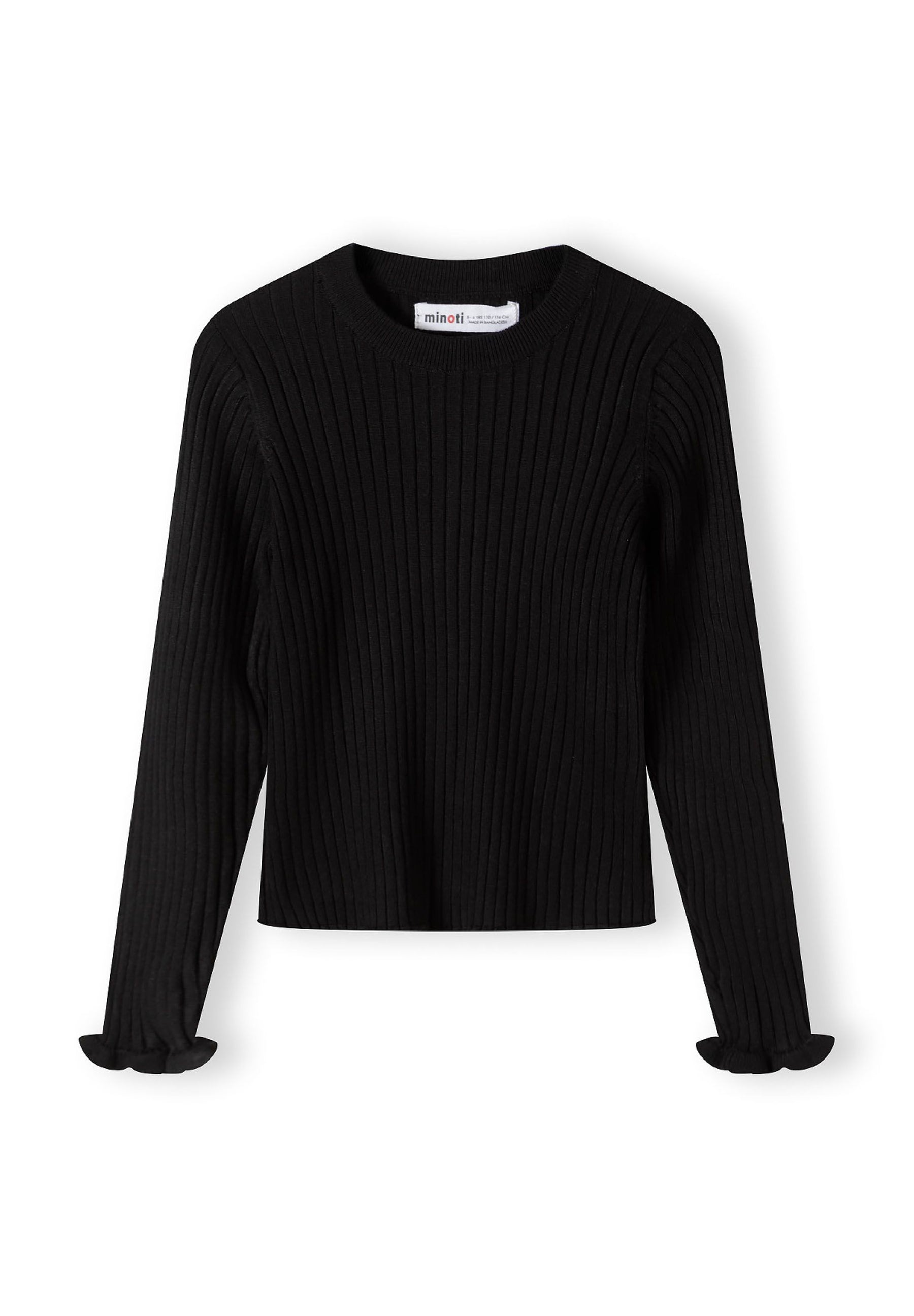 Girls ribbed long sleeve jumper in black, front view with frill cuffs.