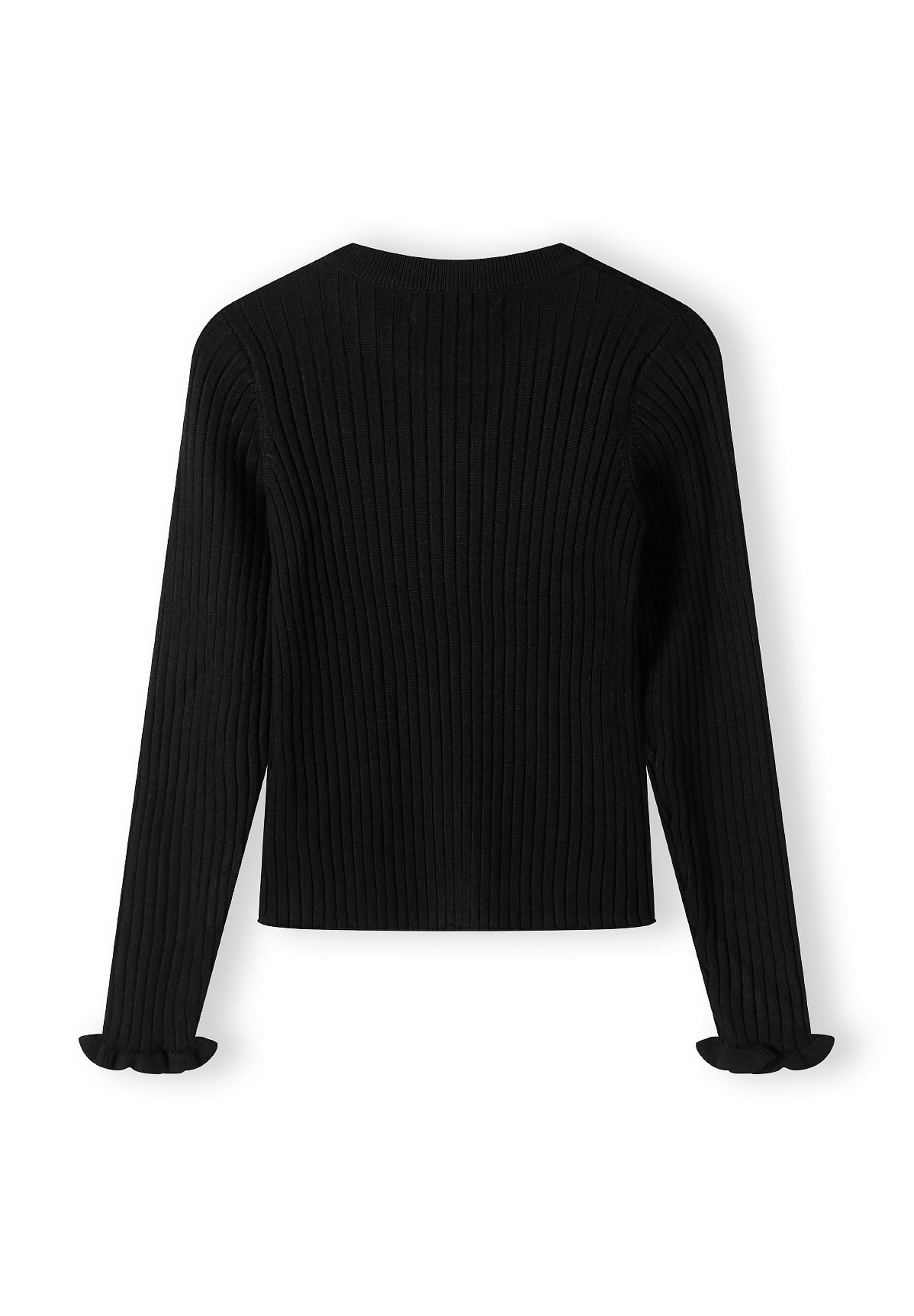 Back view of a black ribbed long sleeve jumper with frill cuffs.