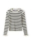 Girls ribbed jumper with frill cuffs, cream and black stripes, front view.