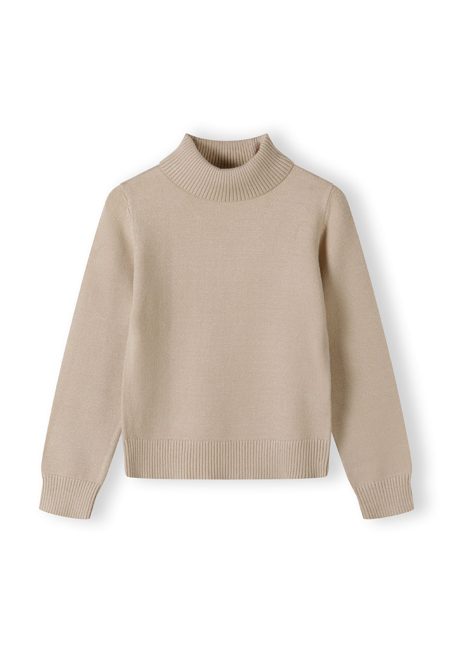 Girls beige turtleneck jumper with long sleeves, front view, featuring ribbed cuffs and hem.