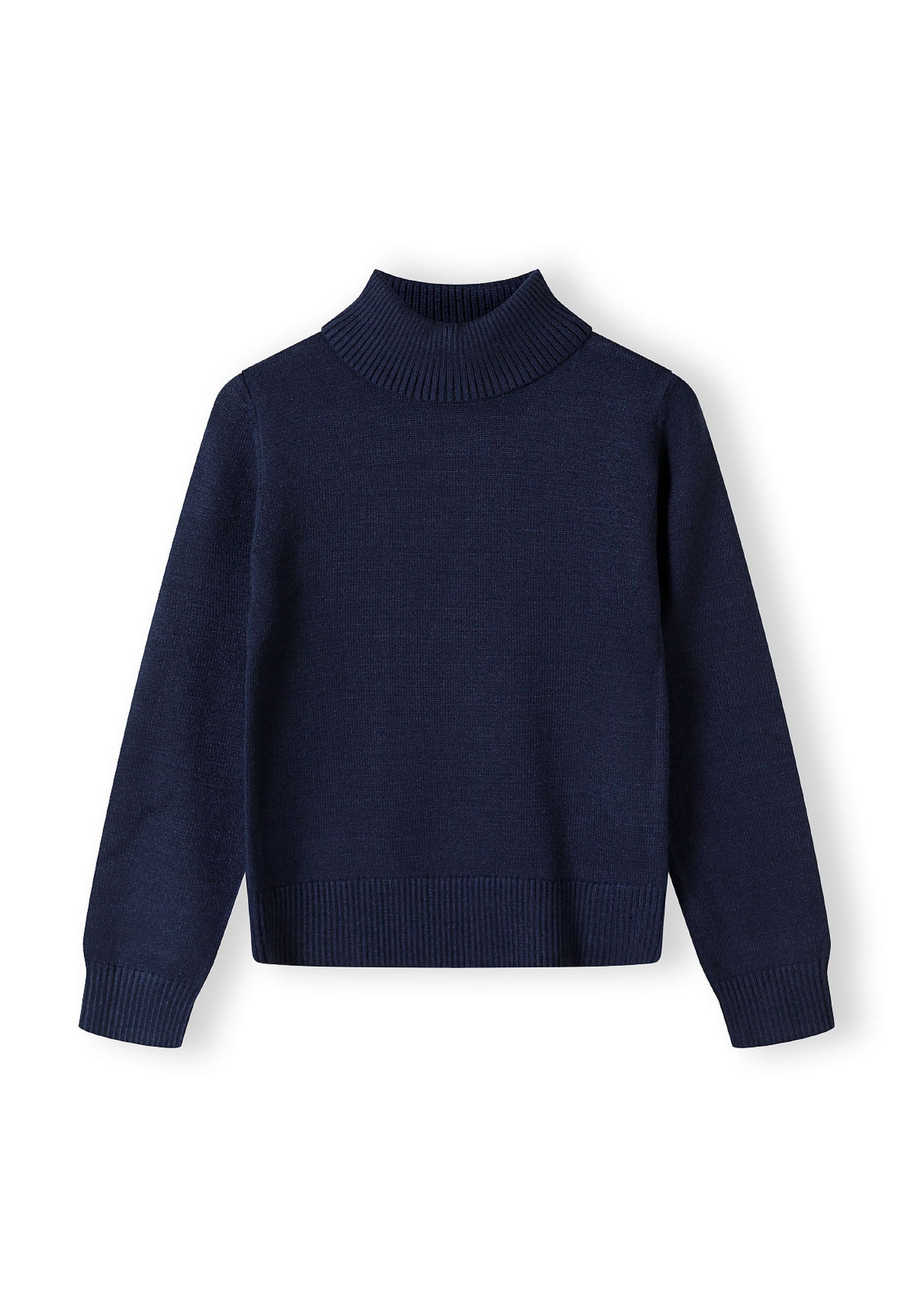 Girls navy turtleneck jumper, front view, featuring ribbed cuffs and hem.