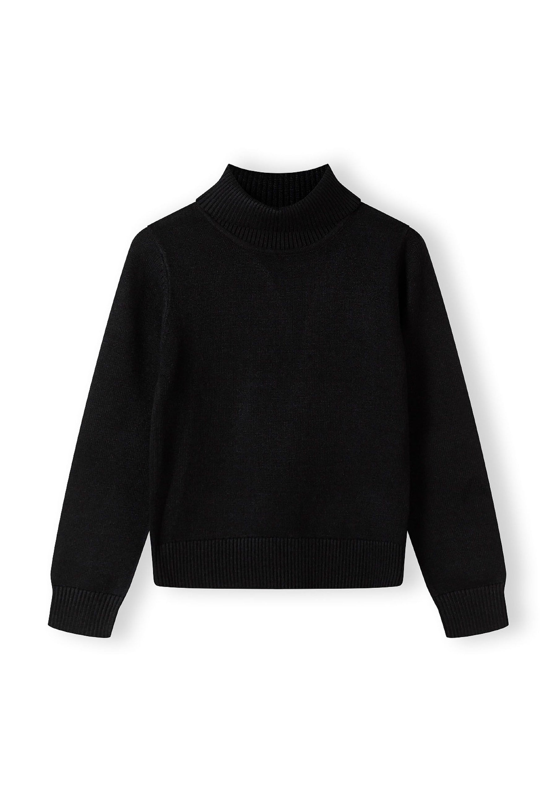Girls black soft turtleneck jumper, front view, ribbed cuffs and hem.