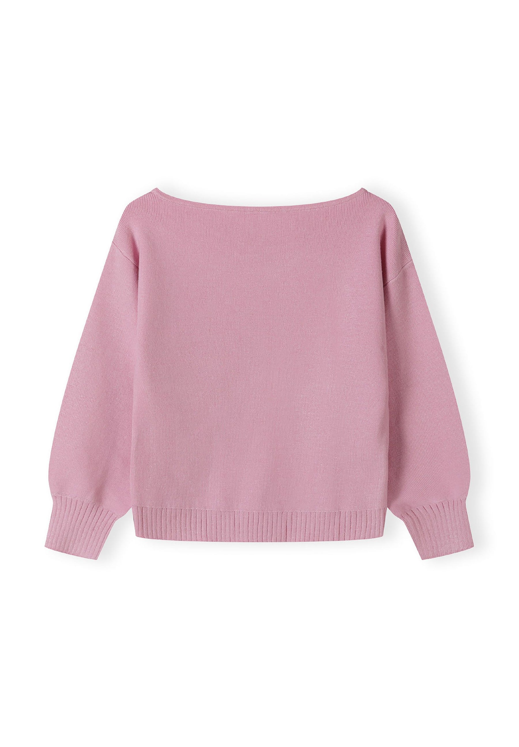 Girls pink jumper, back view, features a boat neckline and ribbed cuffs.