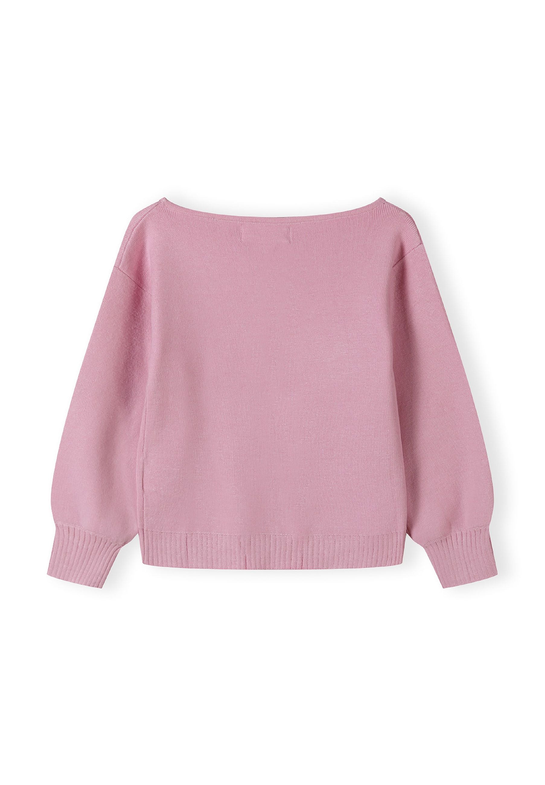 Girls jumper in soft pink, back view with boat neckline and ribbed cuffs.