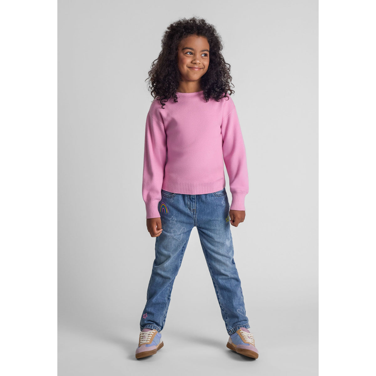 Girls' boat neck jumper in pink — complete product view for square Shop card